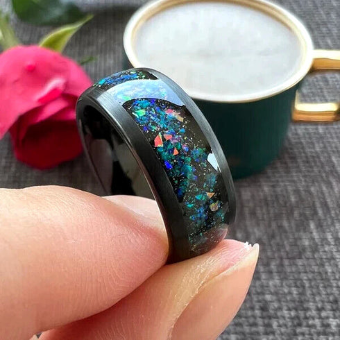 Men's 8mm Black Tungsten Celestial Galaxy Crushed Opal Comfort-Fit Wedding Band