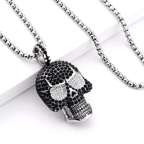 Iced Out 14K White Gold Plated Cubic Zirconia Sugar Skull Head Pendant Necklace
