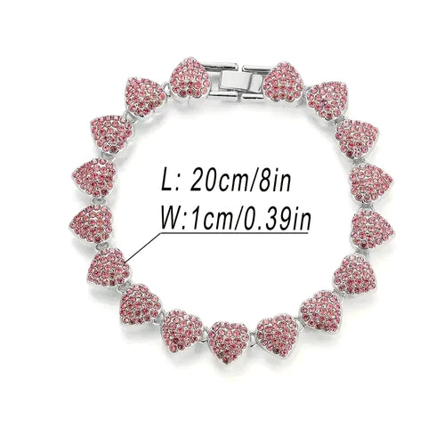 2-Pcs FULLY ICED 14K Gold Plated Heart Shape CZ Tennis Chain Necklace & Bracelet