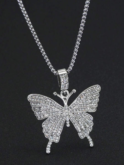 Iced Out Paved 14K White Gold Plated Cubic Zirconia Butterfly Pendant Necklace