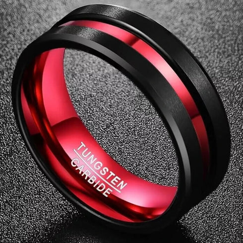 Men's 8mm Tungsten Brushed Black W/Red Grooved Center Comfort Fit Wedding Band