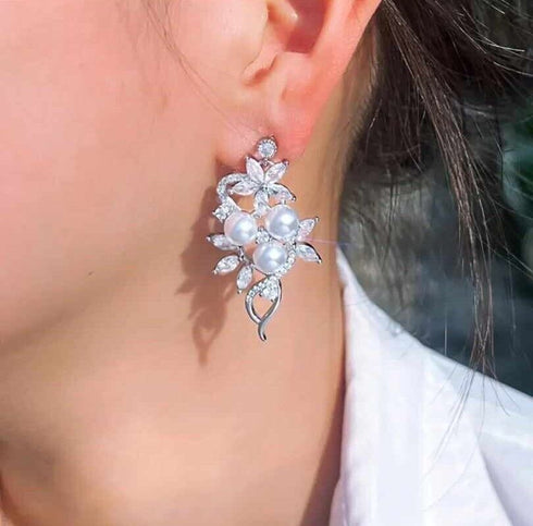 Stunning White Pearl 14K White Gold Plated Cubic Zirconia Women Earrings