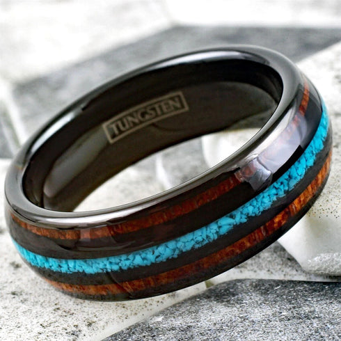 Men's 8mm Tungsten Carbide Crushed Turquoise Koa Wood Comfort-Fit Wedding Band