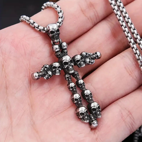 Vintage Cross Skull/Ghost 316L Stainless Steel Carved Halloween Pendant Necklace