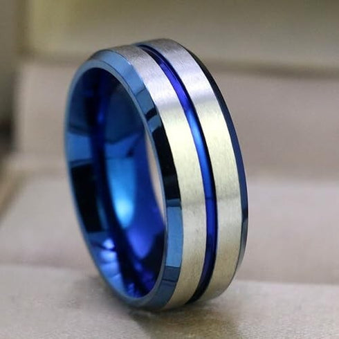Men 8mm Tungsten Brushed Silver W/Blue Grooved Center Beveled-Edges Wedding Band
