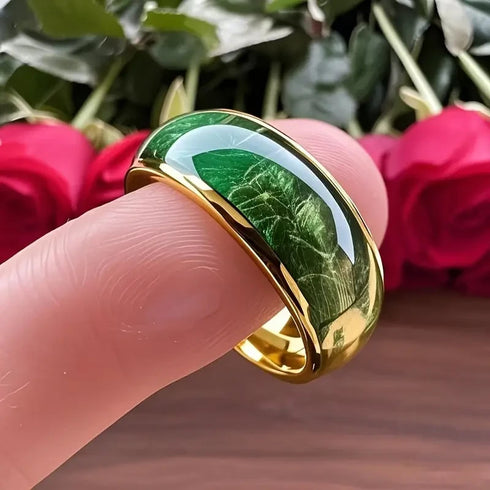 Men's 8mm Titanium Green Dyed Elder Wood Inlay Comfort-Fit Polished Wedding Band