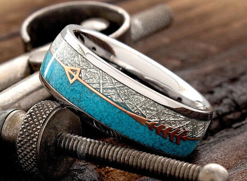 Men's 8mm Tungsten Cupid's Arrow Turquoise & Meteorite Inspired Wedding Band