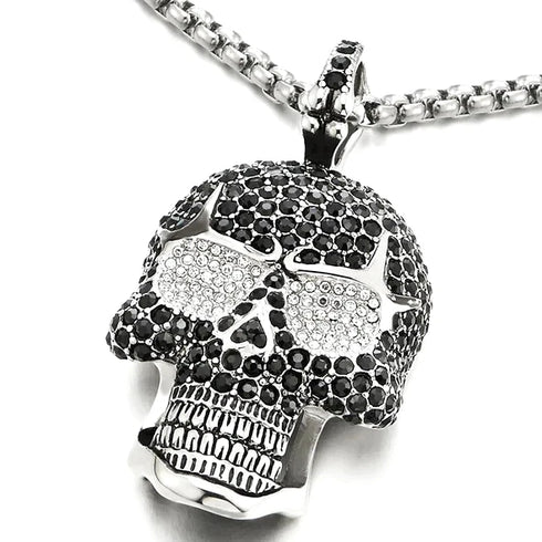 Iced Out 14K White Gold Plated Cubic Zirconia Sugar Skull Head Pendant Necklace