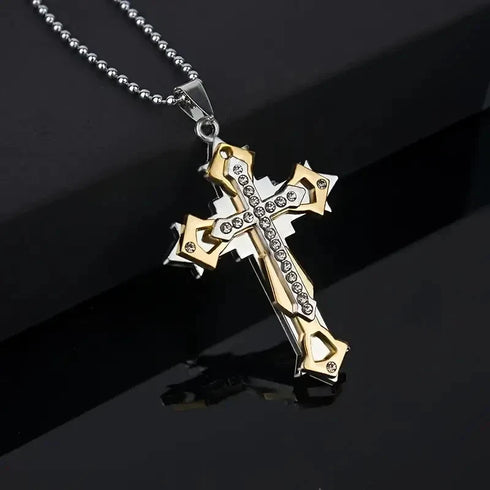 Titanium Creative Multi-Layer Cubic Zirconia Cross Pendant Necklace