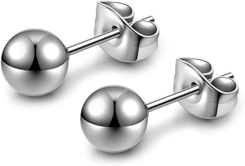 2 Pairs 316L Surgical-Steel Black & Silver Round Ball Men & Women Stud Earrings