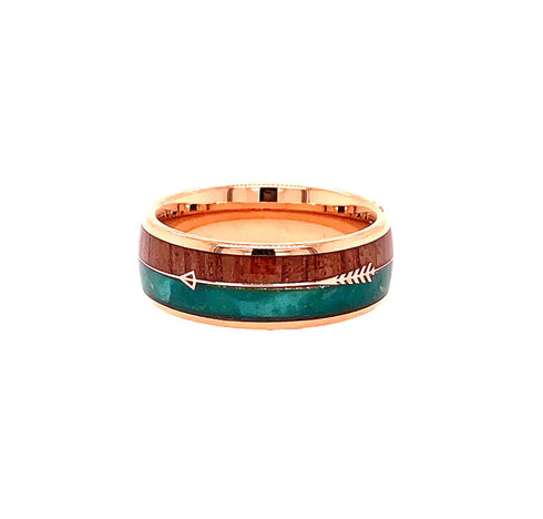 Men's 8mm Tungsten Cupid Arrow Green Malachite & Koa Wood Inlay Wedding Band