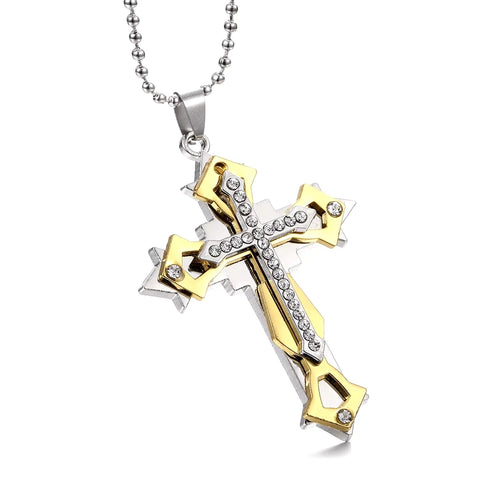 Titanium Creative Multi-Layer Cubic Zirconia Cross Pendant Necklace