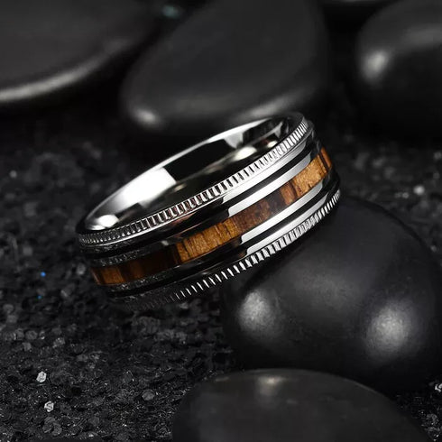 Men's 8mm Tungsten Silver Zebra Wood Inlay Sawtooth Edge Engagement Wedding Band