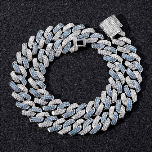 2 Pc Men Women FULLY ICED Rhombus Blue Cuban Link Chain 2Row CZ Necklace & Bracelet