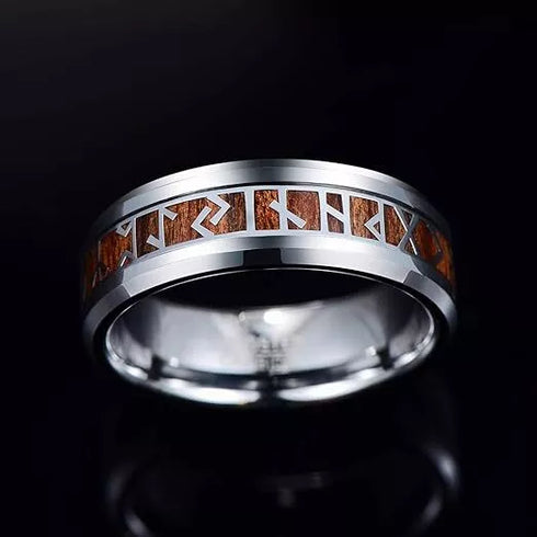 Men's 8mm Tungsten Viking Runes Pattern Wood Inlay Comfort-Fit Wedding Band