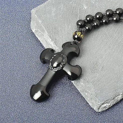Good Luck Amulet Obsidian Cross Beaded Pendant Necklace