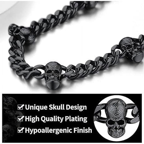 2 Pcs Black Gothic Thorns Skull Rhodium Plated Cuban Halloween Necklace & Bracelet