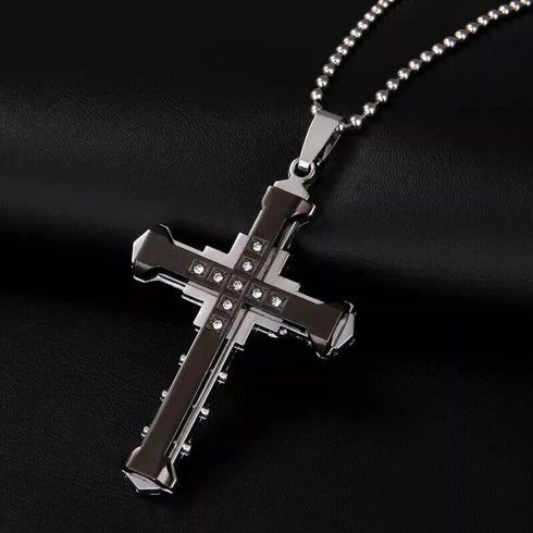 Titanium Stylish & Elegant Black/Gold Cubic Zirconia Cross Pendant Necklace