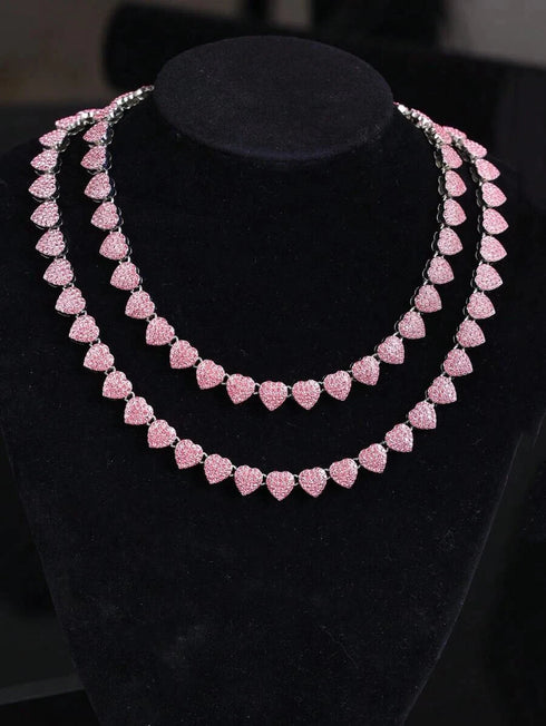 2-Pcs FULLY ICED 14K Gold Plated Heart Shape CZ Tennis Chain Necklace & Bracelet