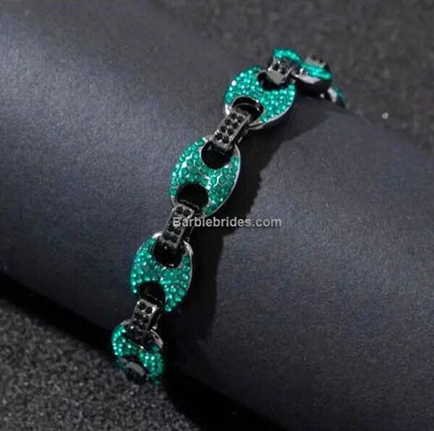 2-Pc FULLY ICED Round Cut Rhodium Plated Green Black CZ Necklace & Bracelet Set