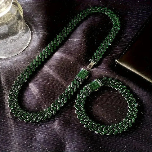 2Pcs Bling Gun Black FULLY ICED Rhodium Plated CZ Cuban Chain Necklace+Bracelet