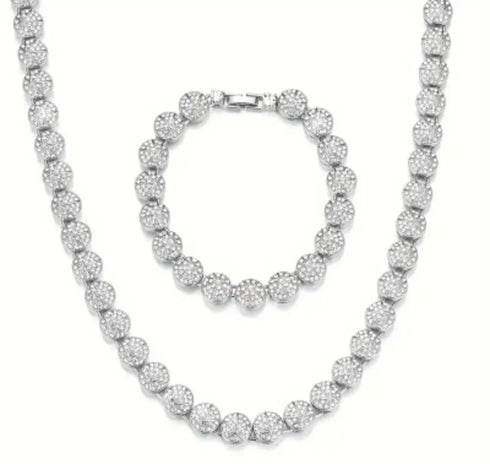 2-Pc FULLY ICED 14K Gold Plated Round Cluster CZ Tennis Chain Necklace & Bracelet