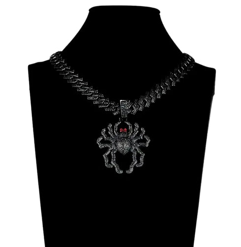 FULLY ICED Black Rhodium Plated Cubic Zirconia Spider Pendant & Cuban Necklace
