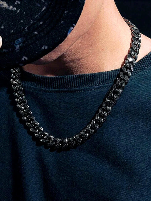 2 Pcs Men Women FULLY ICED Black Rhodium Plated Cubic Zirconia Necklace & Bracelet