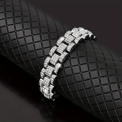 2Pc Men FULLY ICED Watch Band Baguette Chain 14KGold Plated CZ Necklace & Bracelet