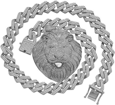 3-Pcs Iced Out 14K Gold Plated CZ Lion Head Pendant W/Cuban Necklace & Bracelet