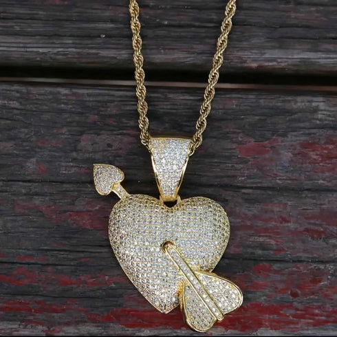 Iced Out Arrow Heart Bling 18K Gold Plated Cubic Zirconia Pendant Necklace