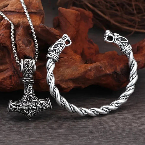 Nordic Viking Wolf Head Thor's Hammer Men Women Mjolnir Necklace & Bracelet Set