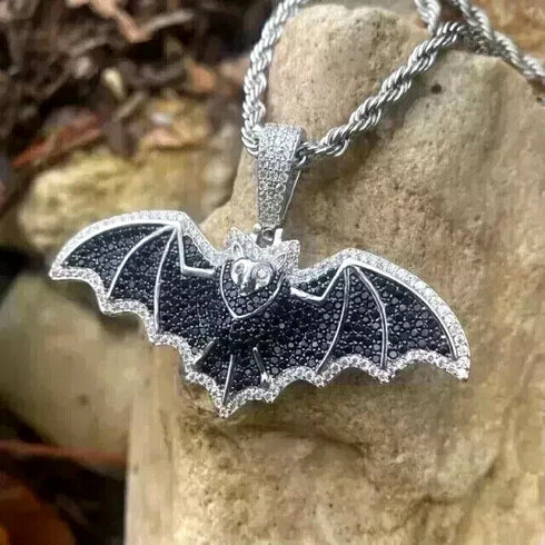 Iced Out Paved 14K White Gold Plated Cubic Zirconia Black Bat Pendant Necklace