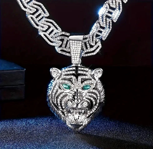 2-Pc ICED OUT Tiger Head 14K Gold Plated CZ Wide 'H' Shape Cuban Chain Necklace