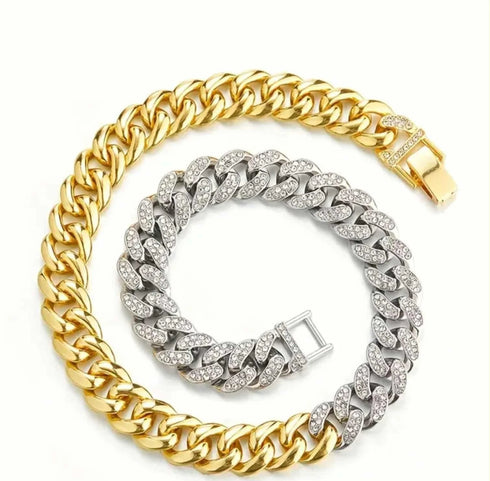 2 Pc Iced Out 2-Tone 14K Gold Plated Cubic Zirconia Miami Cuban Necklace & Bracelet