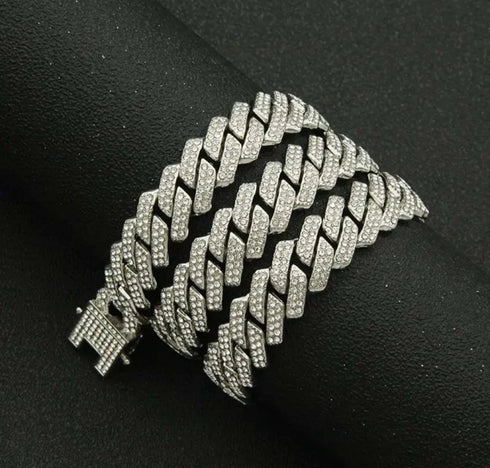 2-Pc Men FULLY ICED Thick 14K Gold Plated CZ Miami Cuban Link Necklace & Bracelet