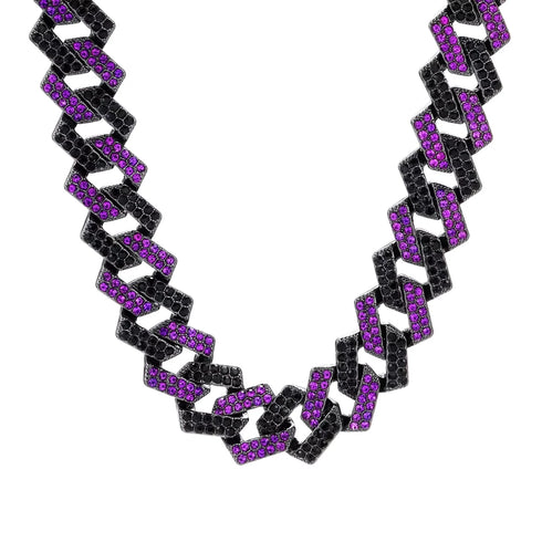 2Pc FULLY ICED Bling Rhodium Plated Purple Black CZ Cuban Link Necklace+Bracelet