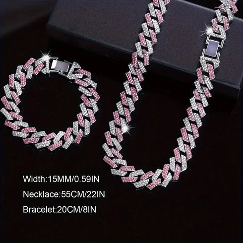 2Pc FULLY ICED 14K White Gold Plated CZ Miami Cuban Link Chain Necklace & Bracelet