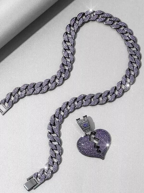 ICED OUT Broken Heart Rhodium Plated Purple Cubic Zirconia Cuban Chain Necklace