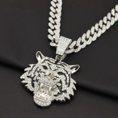 3 Pc Iced Out 14K Gold Plated CZ Tiger Head Pendant & Cuban Chain Necklace & Bracelet