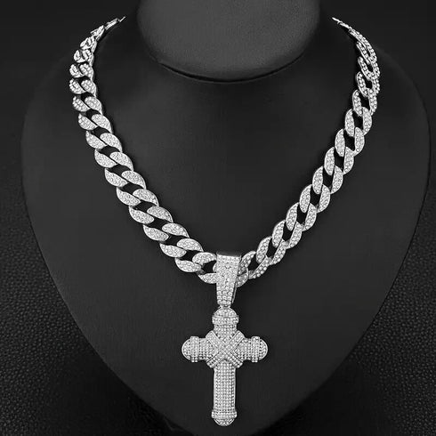 Iced Out Bling 14K White Gold Plated CZ Miami Cuban Chain Cross Pendant Necklace