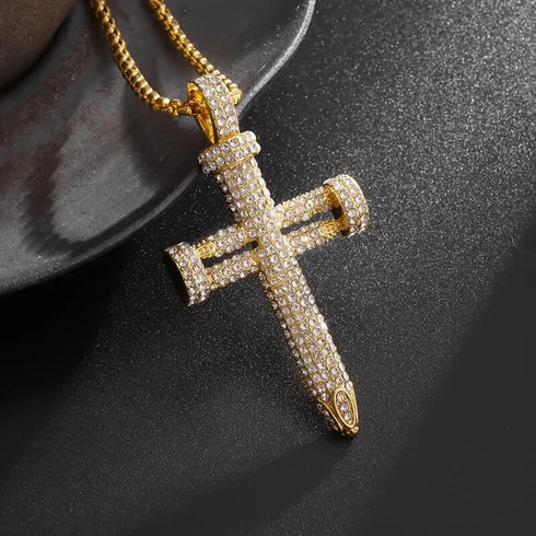 Men's Exquisite Iced Micro Pave 14K Gold Plated CZ Nail Cross Pendant Necklace