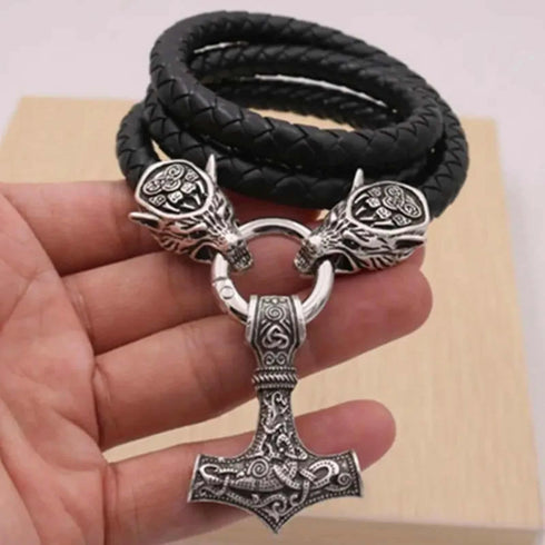 Titanium Norse Viking Twin Wolf Thor Hammer Pendant Necklace