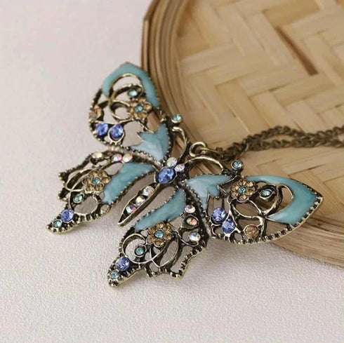 Exaggerated Boho Vintage Hollow Enameled Turquoise Butterfly Pendant Necklace