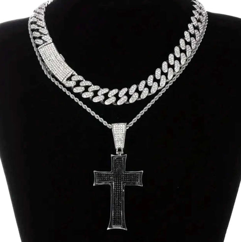 3-Pc Iced Out 14K Gold Plated CZ Black Cross Pendant W/20" Rope Chain+Cuban Necklace