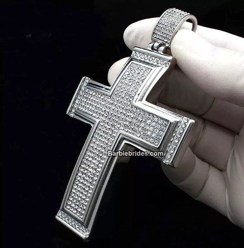3-Pcs Iced 14K White Gold Plated CZ Large Cross Pendant with Cuban Necklace & Bracelet