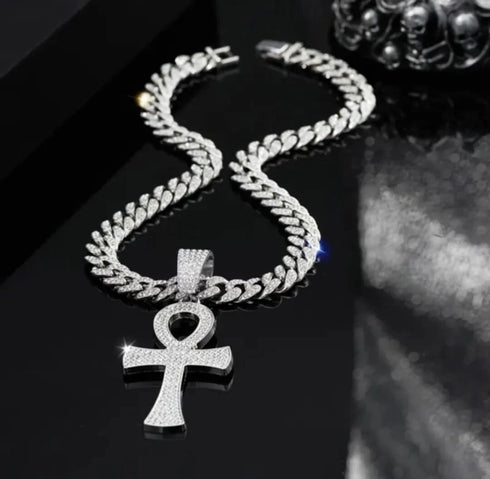 3-Pcs Iced 14K Gold Plated CZ Large Ankh Cross Pendant with Cuban Necklace & Bracelet