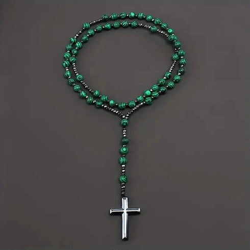 Green Malachite & Hematite Beaded Rosary Cross Pendant Necklace