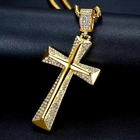Iced Out Bling 18K Gold Plated Cubic Zirconia Cross Pendant Necklace