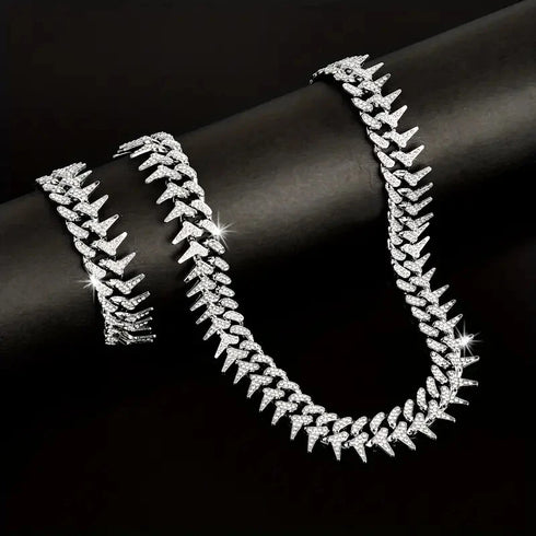 2 Pc FULLY ICED 14K White Gold Plated CZ Thorn Cuban Link Chain Necklace & Bracelet